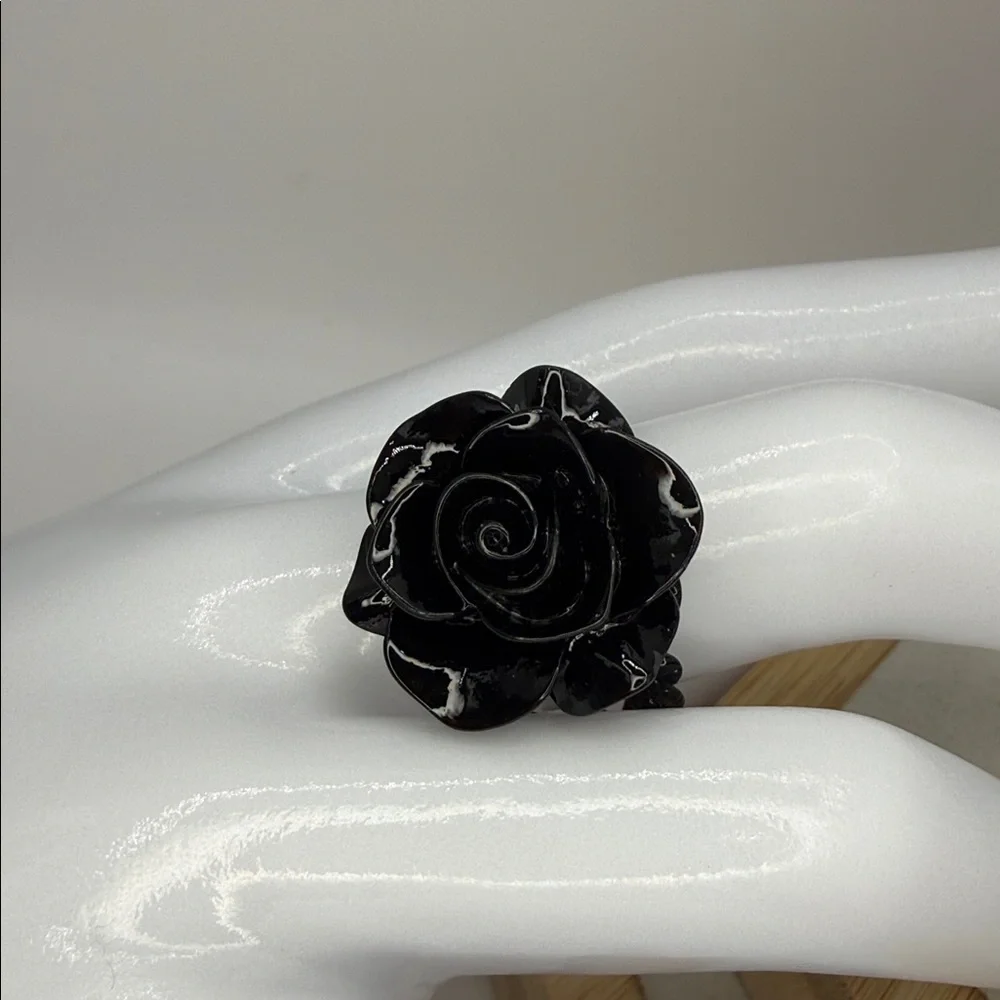 3/$25 Chunky Adjustable Open Black Lace Style with Black Rose Ring Gothic